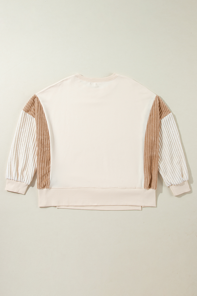 Apricot Corduroy Patchwork Drop Shoulder Long Sleeve Sweatshirt