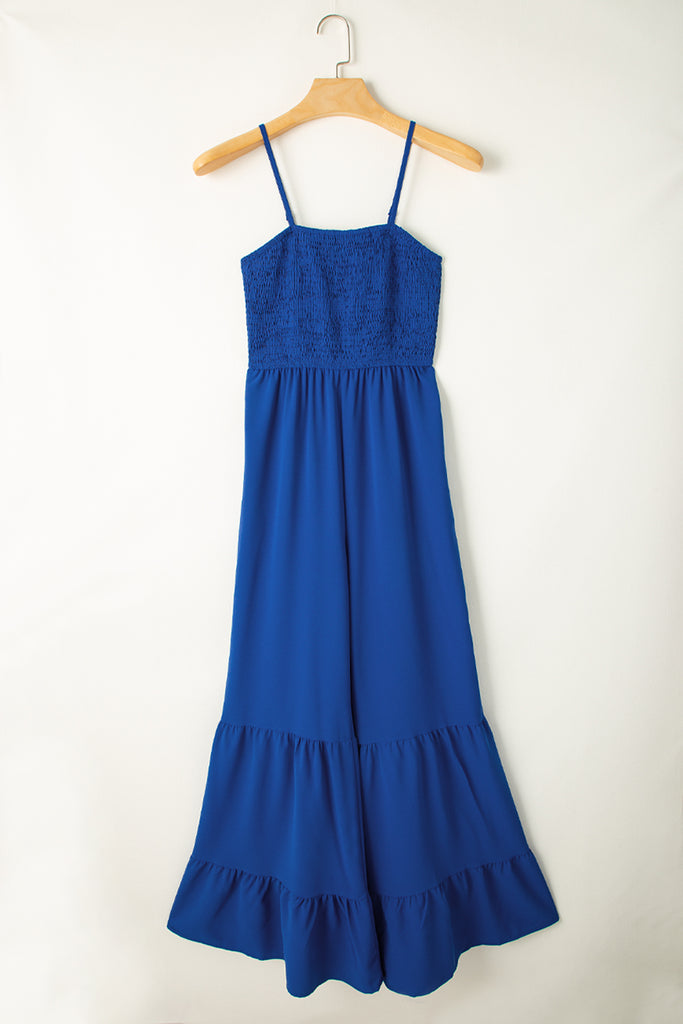 Navy Blue Spaghetti Straps Smocked Ruffled Wide Leg Jumpsuit