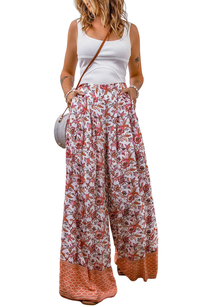 Fiery Red Floral Print Shirred High Waist Wide Leg Pants