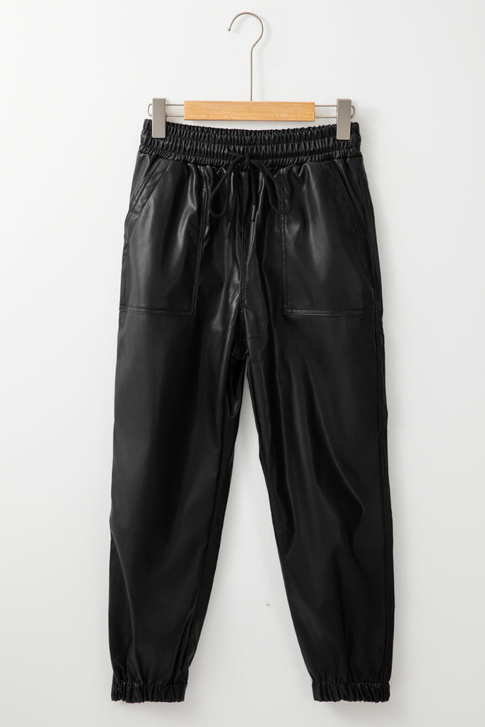 Black Faux Leather Ankle Smocked Waist Drawstring Joggers