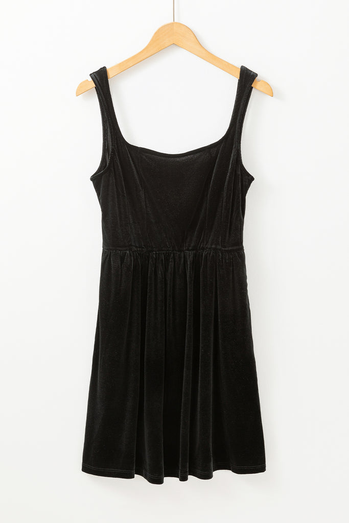 Black Velvet Square Neck Sleeveless High Waist Mini Dress with Pockets