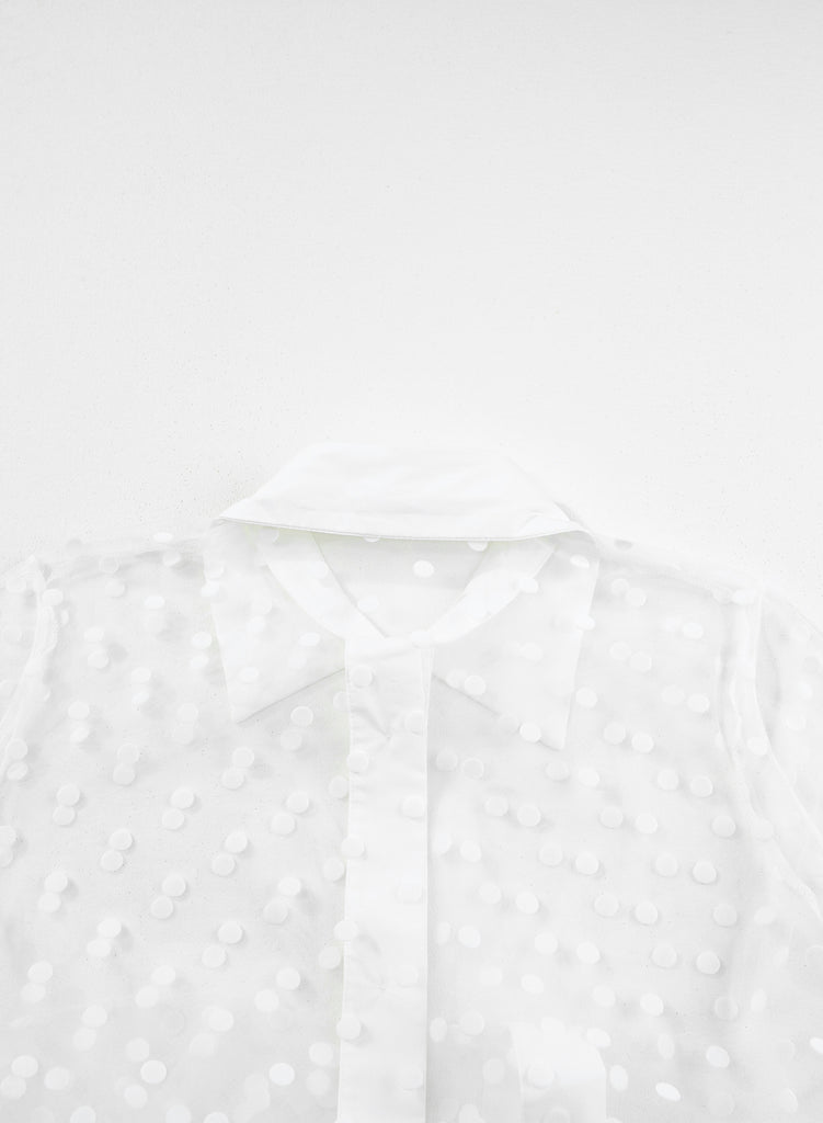 White Polka Dot Print Collared Buttoned Mesh Duster Kimono