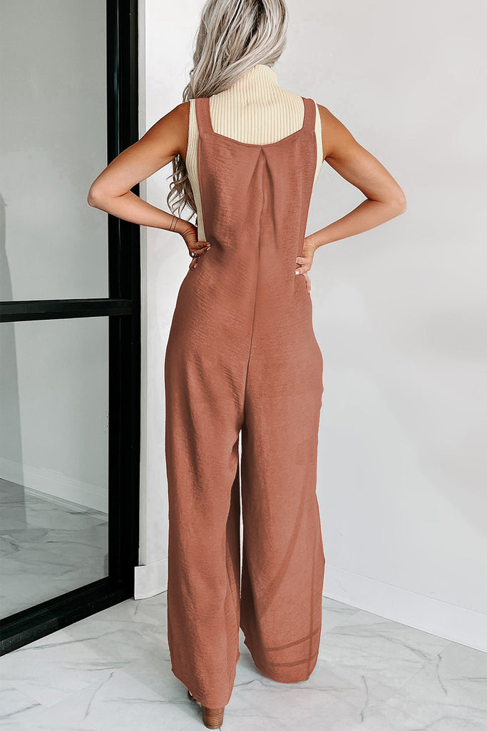 Gold Flame Textured Buttoned Straps Ruched Wide Leg Jumpsuit