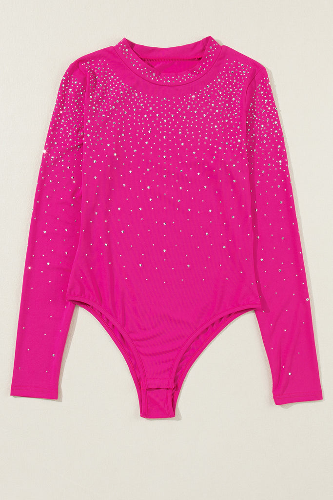 Rose Rhinestone Mesh Long Sleeve Bodysuit