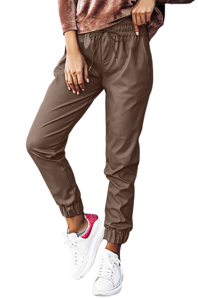 Brown Leather Tie Waist Jogger Pants