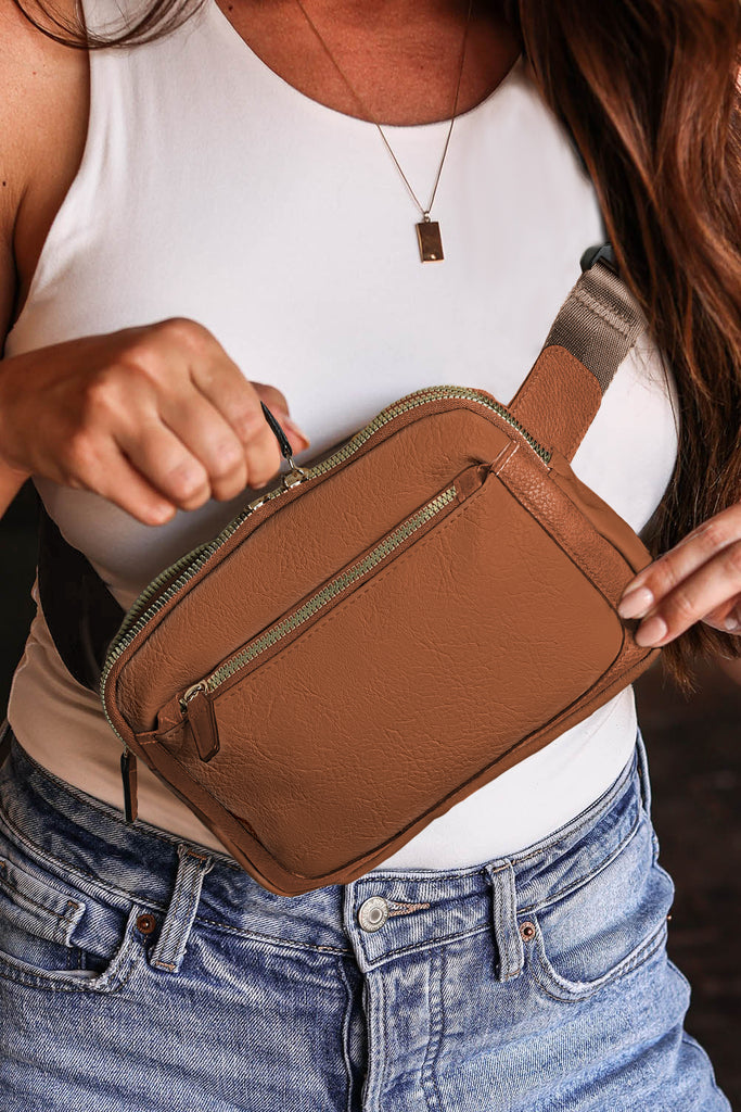 Camel Minimalist Multi-zipped Crossbody Bag