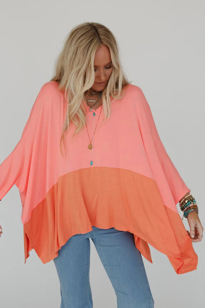 Grapefruit Orange Contrast Color Patchwork Oversized Side Split Top