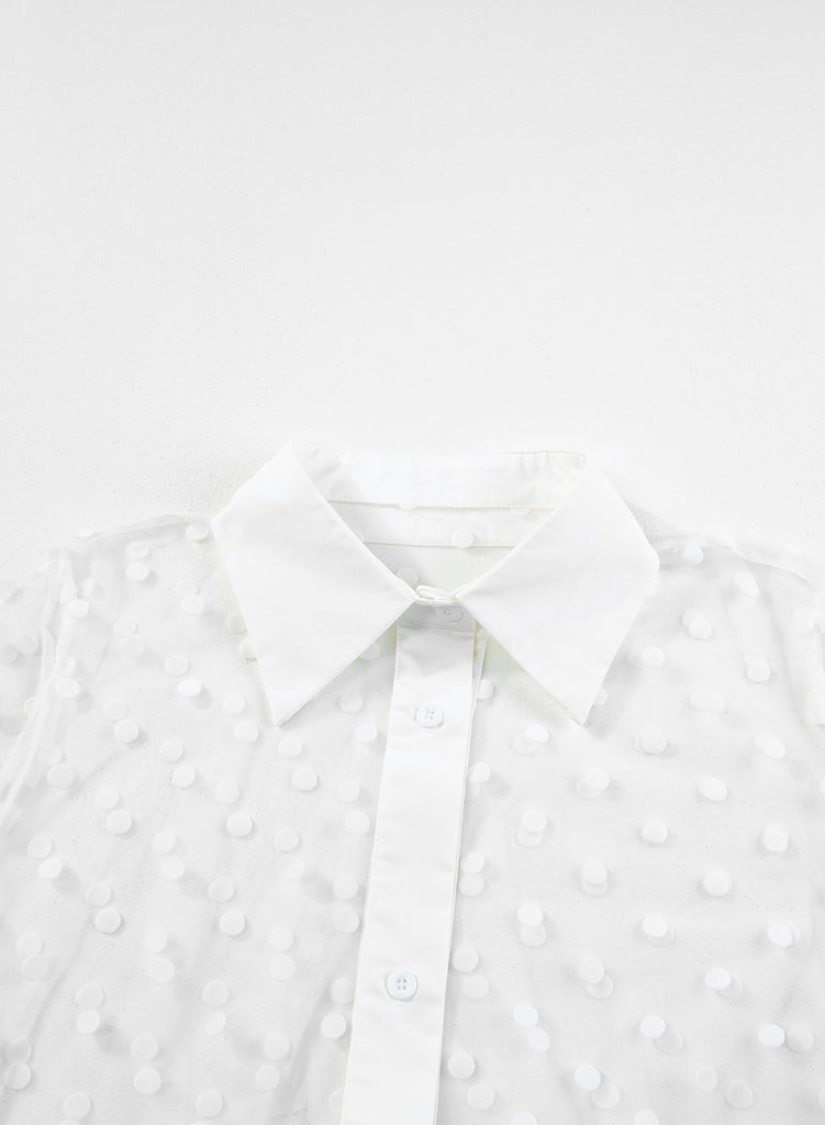 White Polka Dot Print Collared Buttoned Mesh Duster Kimono