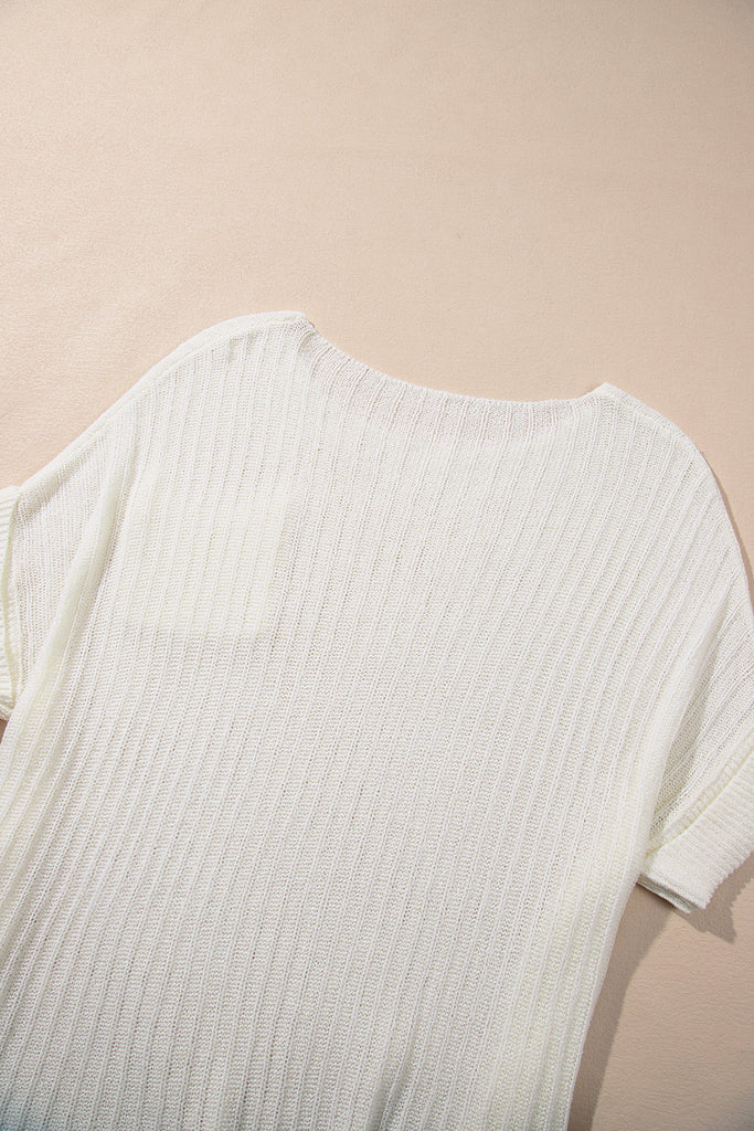 White Rolled Cuffs Loose Knit Tee with Slits