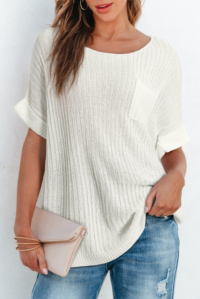 White Rolled Cuffs Loose Knit Tee with Slits