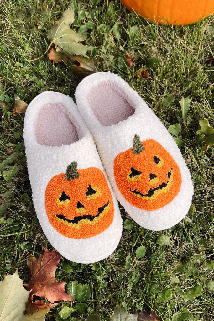 White Halloween Pumpkin Print Plush Slippers (Runs Small, Size Up)