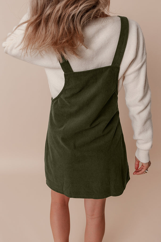 Vineyard Green Solid Front Pockets Sleeveless Corduroy Overall Dress