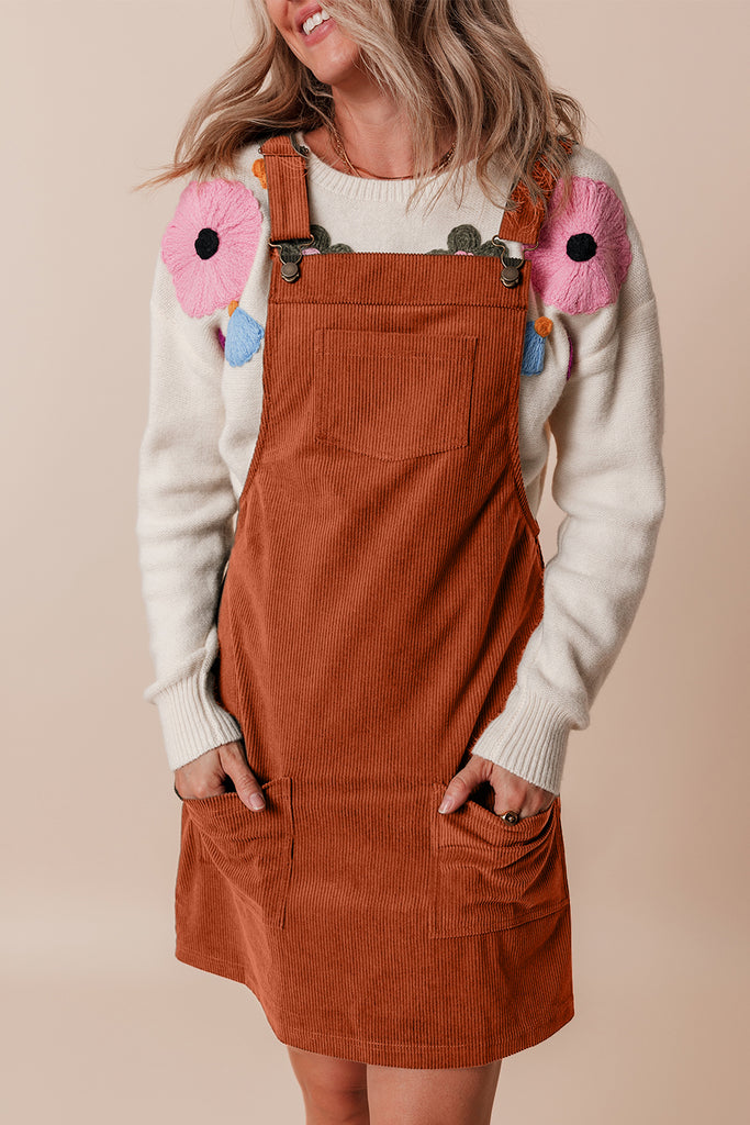 Cinnamon Solid Front Pockets Sleeveless Corduroy Overall Dress