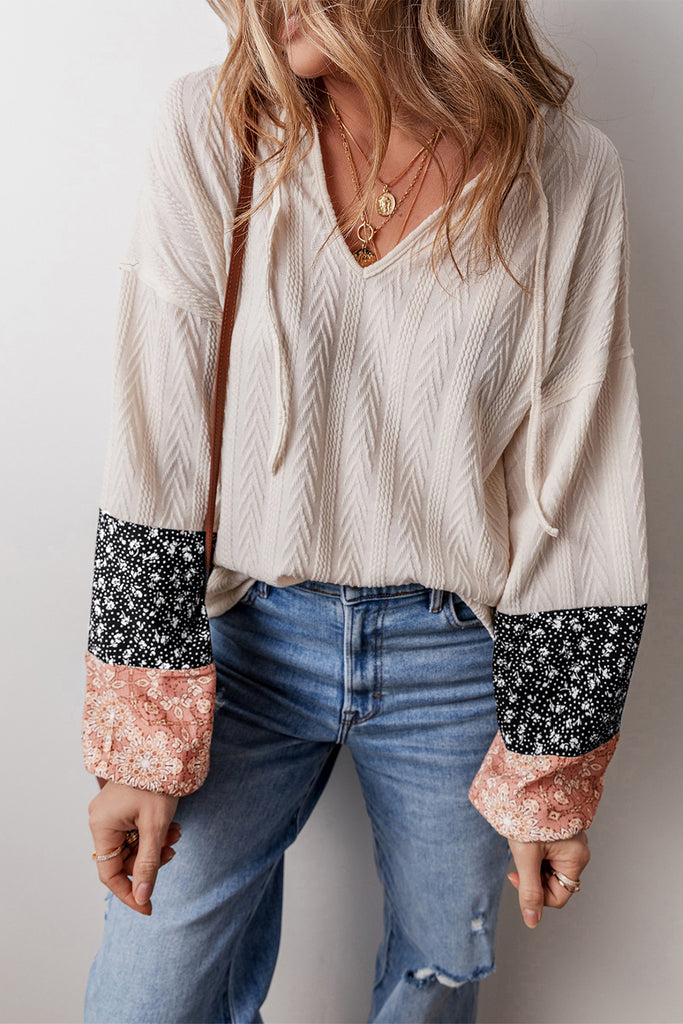 Beige Floral Patchwork Textured Knit Drawstring V Neck Blouse