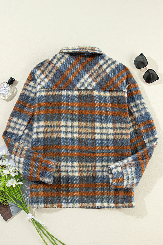 Cinnamon Plaid Print Chest Pockets Turn Down Collar Shacket