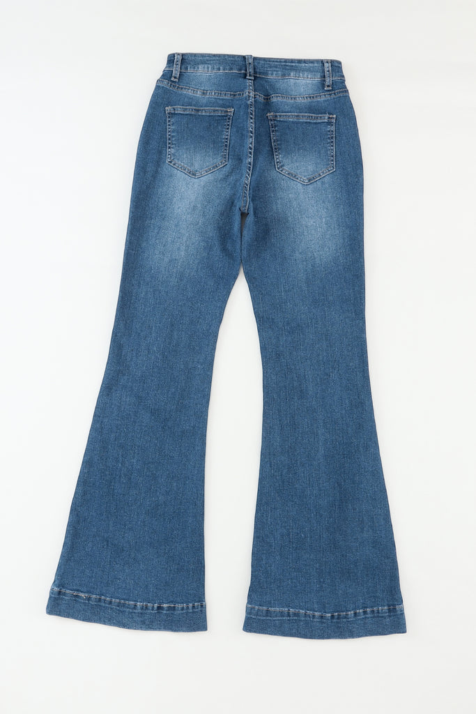 Blue High Waist Seam Stitching Pocket Flare Jeans