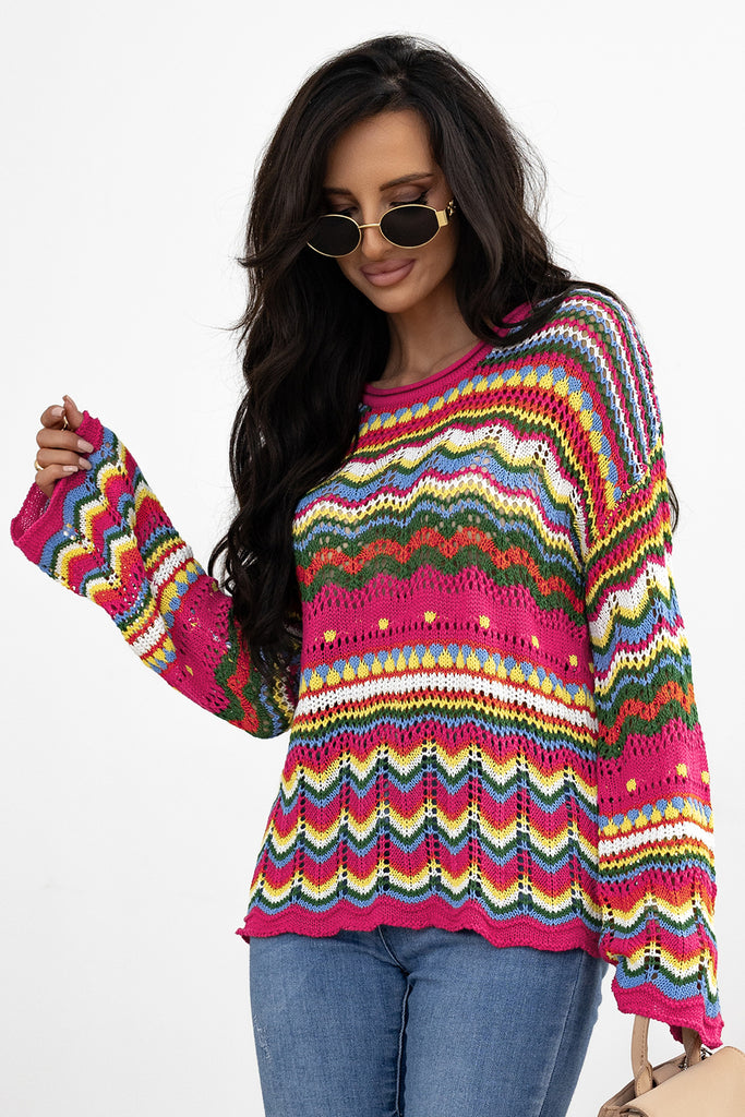 Rose Red Colorblock Striped Hollowed Knit Loose Sleeve Sweater