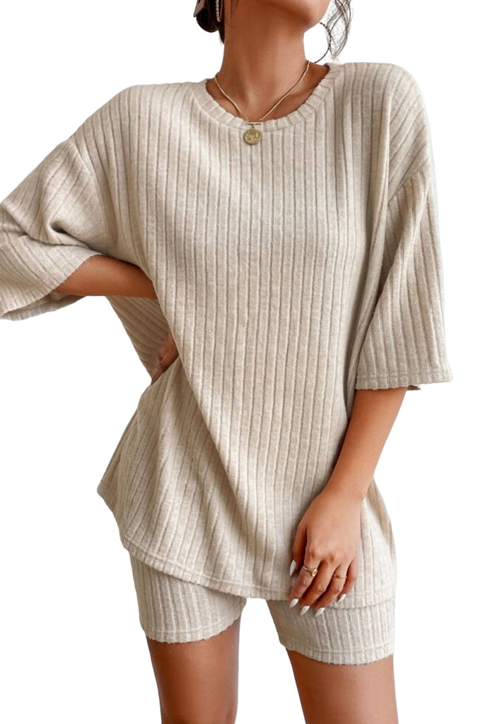 Apricot Plain Ribbed Loose Fit Two Piece Lounge Set