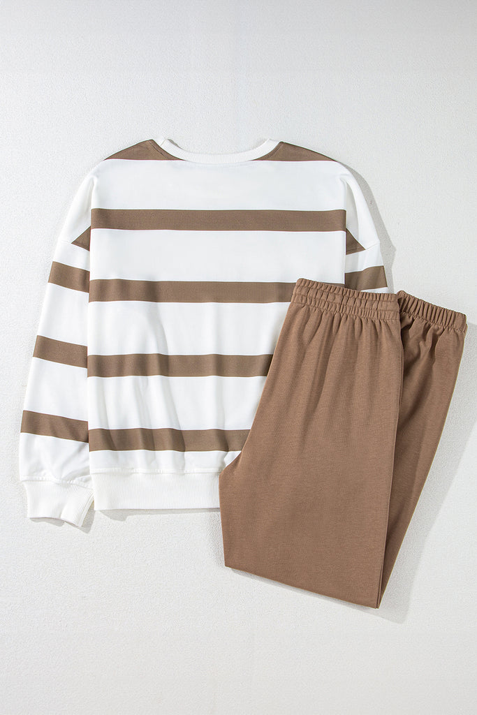 Light French Beige Striped Drop Shoulder Pullover and Jogger Pants Set