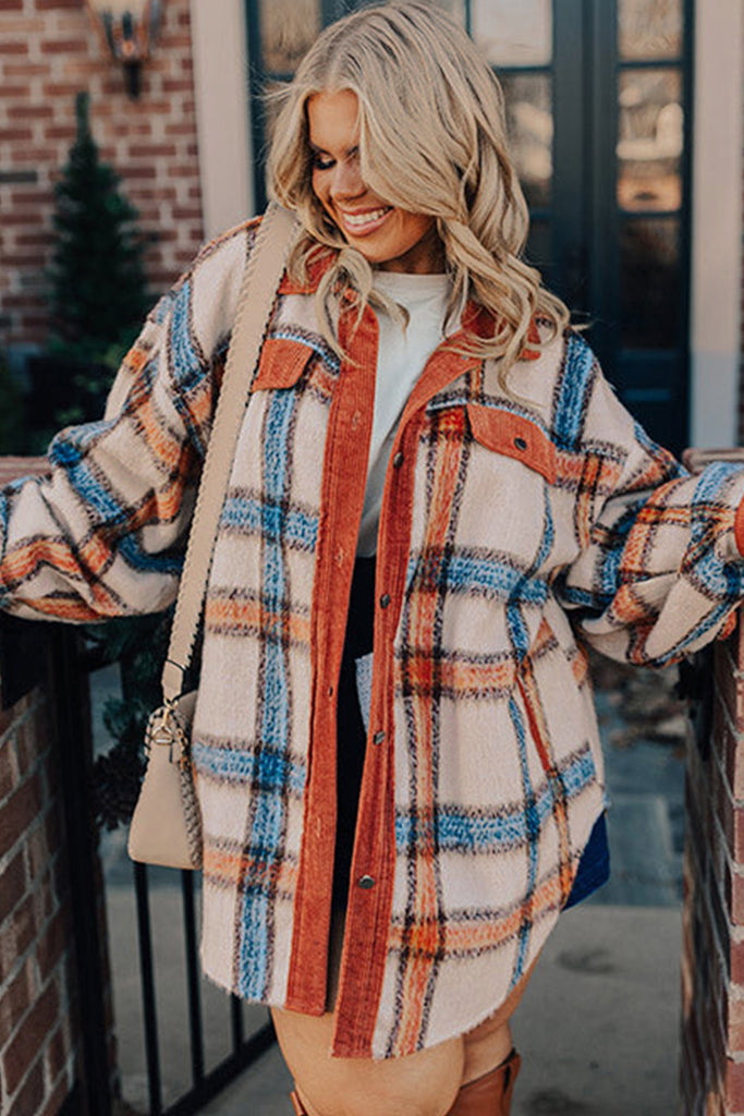 Brown Stripe Plus Size Plaid Print Collared Buttoned Jacket