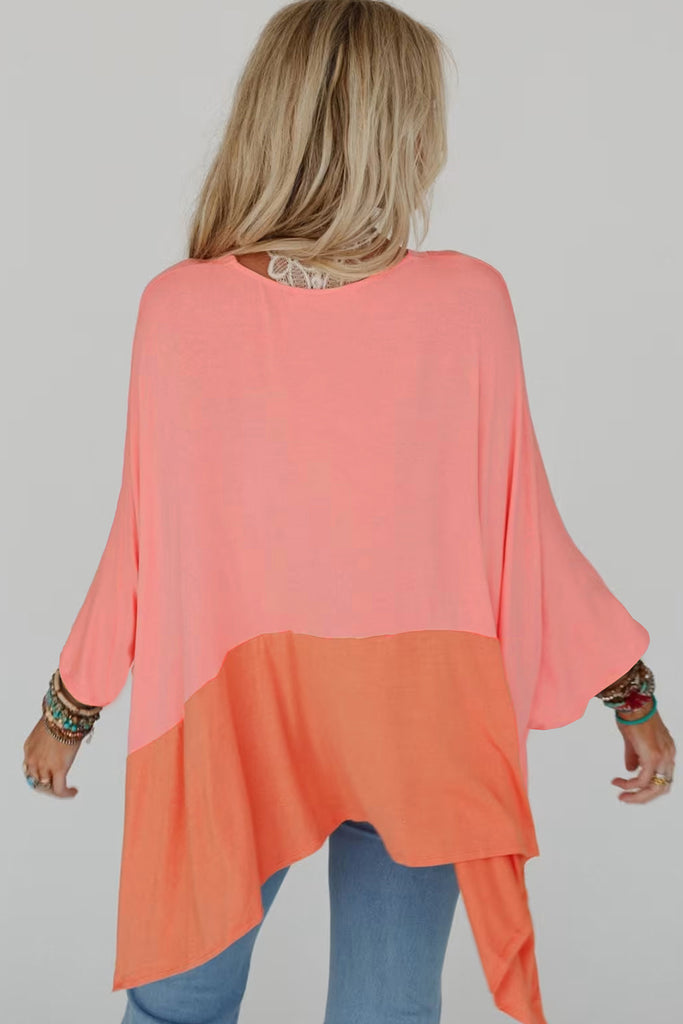 Grapefruit Orange Contrast Color Patchwork Oversized Side Split Top