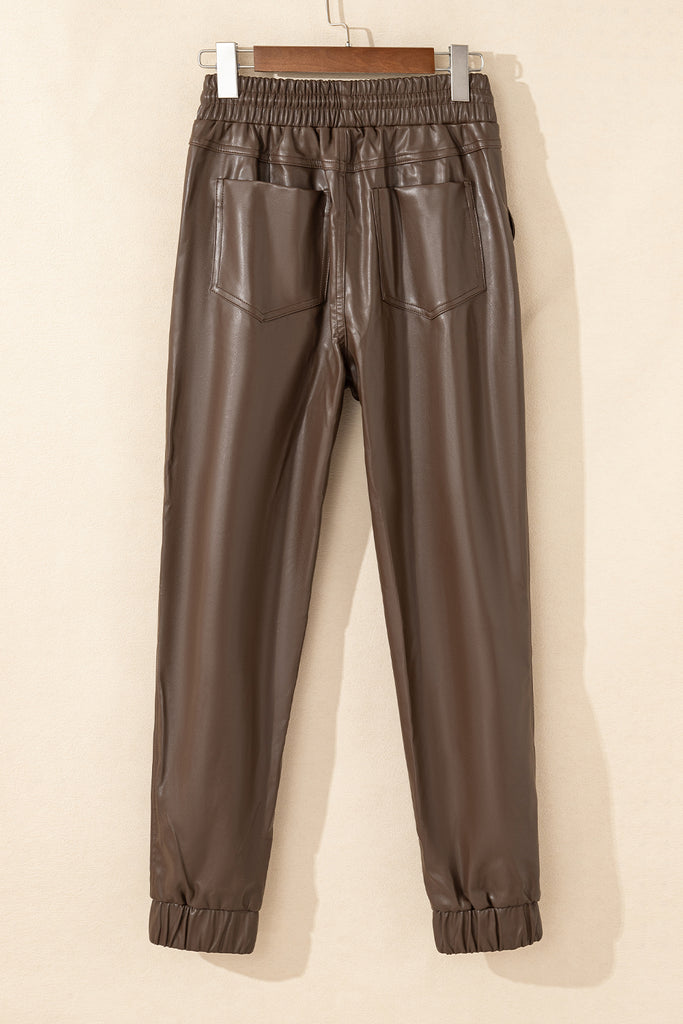 Brown Leather Tie Waist Jogger Pants